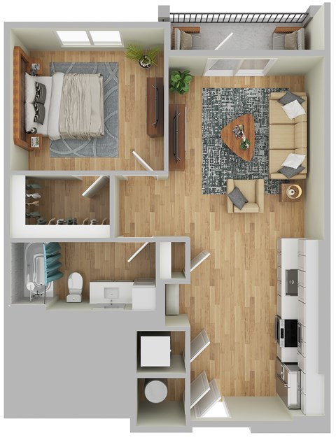 Floor plan for 1 bed, 1 bath, 740 sqft